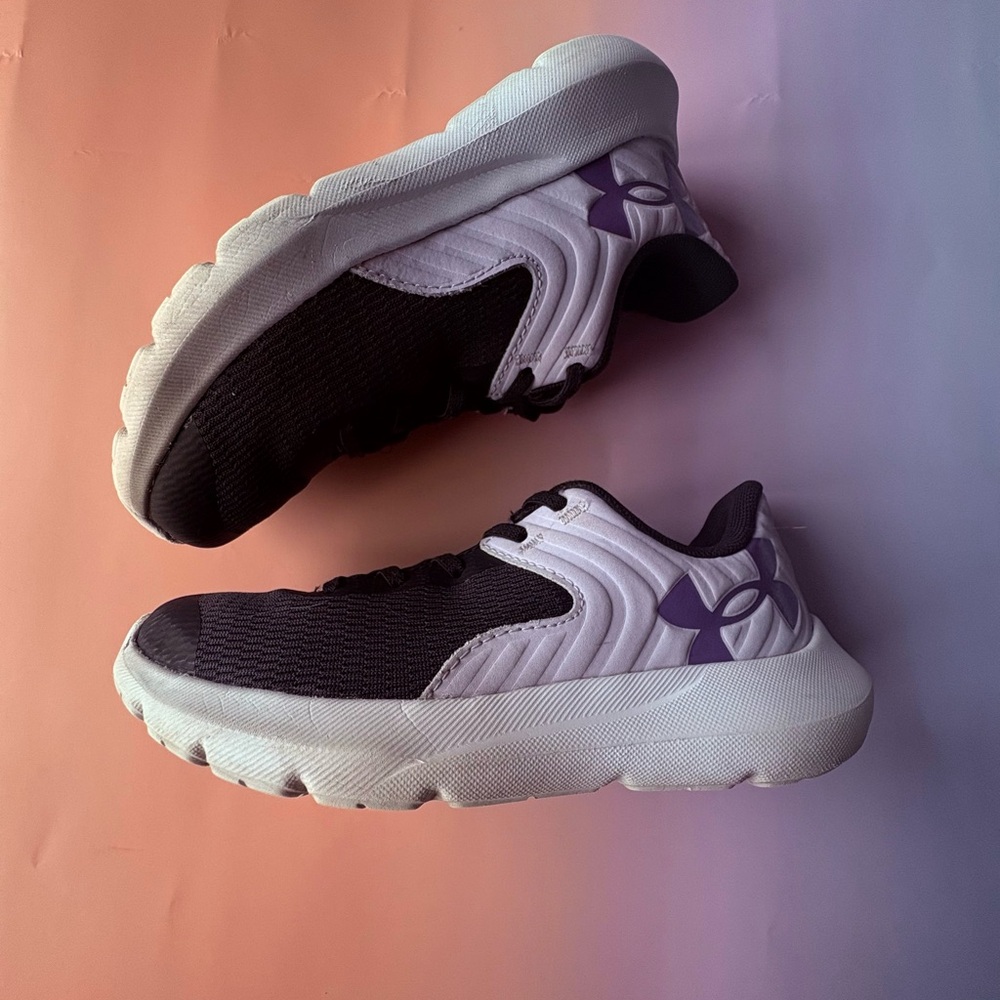 Little Kids UnderArmour Black and White Shoes with Purple Accent